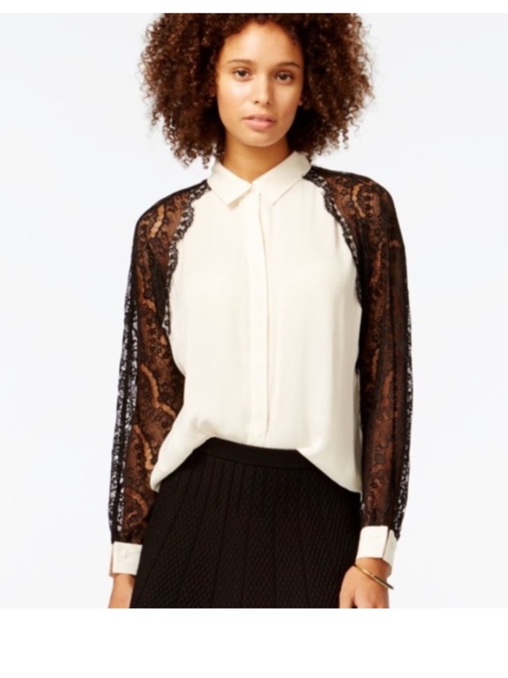 RACHEL Rachel Roy Cream Blouse with Black Lace Sleeves